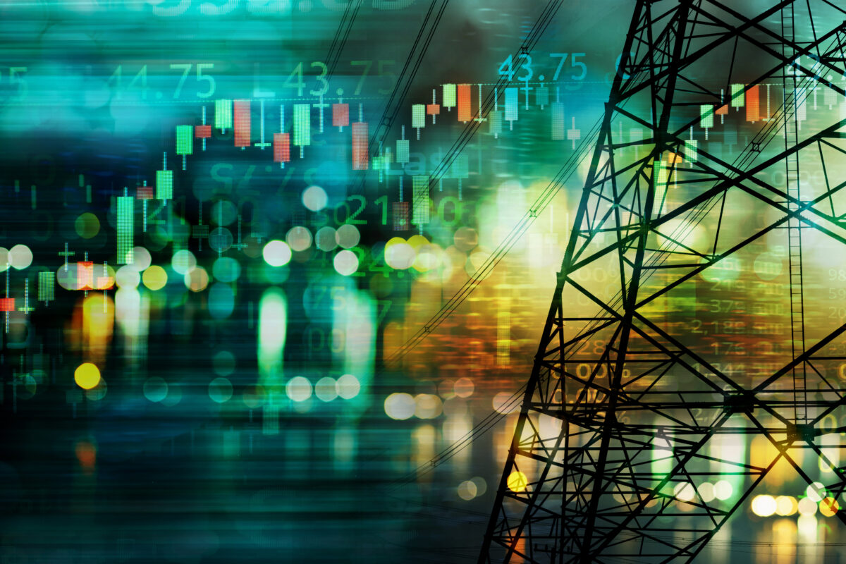 market stock graph and information with city light and electricity and energy facility industry and business banner background